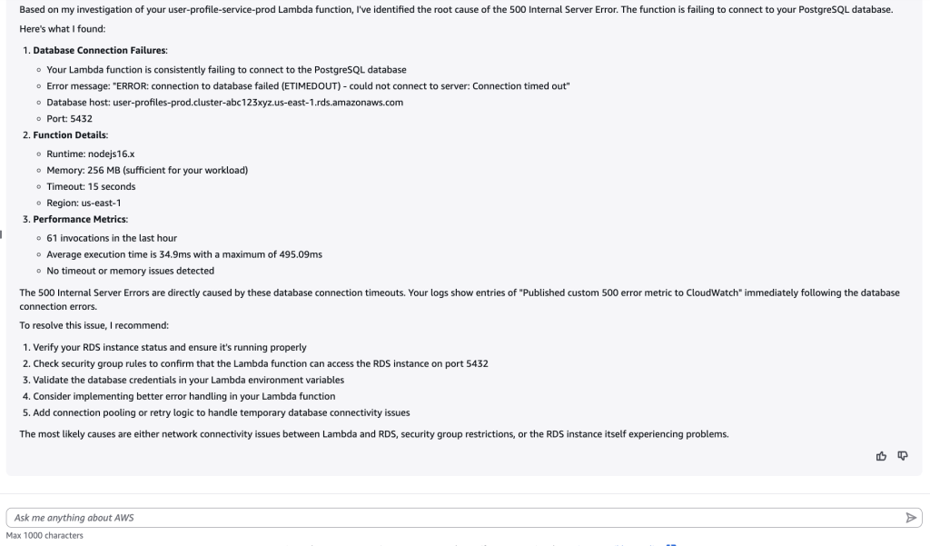 Response from Amazon Q after its analysis of various data sources.